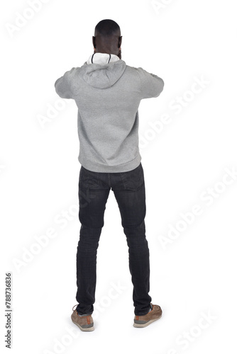 back view of a man covering her face with her hand on white background