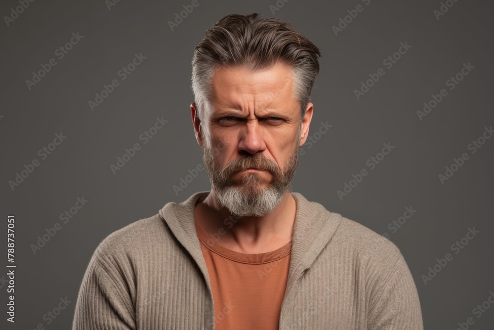 Despise. Angry and grumy Caucasian gray-haired bearded man sulking, furrow eyebrows and staring with anger and contempt, boiling from furious emotions, standing over grey background Despise. Angry and grumy Caucasian gray-haired bearded man sulking, furrow eyebrows and staring with anger and contempt, boiling from furious emotions, standing over grey background
