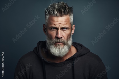 Despise. Angry and grumy Caucasian gray-haired bearded man sulking, furrow eyebrows and staring with anger and contempt, boiling from furious emotions, standing over grey background photo