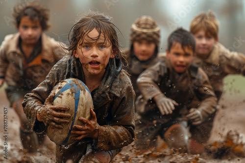 Energetic children tossing a rugby ball on a muddy pitch, embracing the physicality and camaraderie of youth rugby matches. Concept of junior rugby teamwork. Generative Ai.