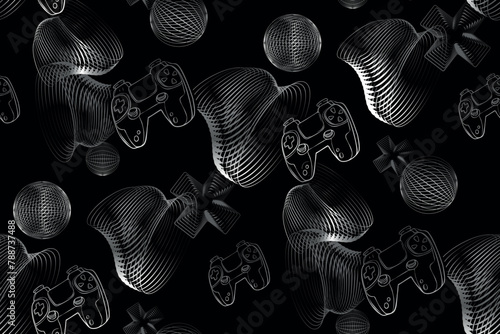 Gamepad pattern on digital lines background, cross sign, rounds, line waves. Gadgets and devices seamless pattern