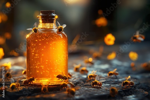 honeycomb commercial shot, bees circling a bottle among flowers, suited for web banner