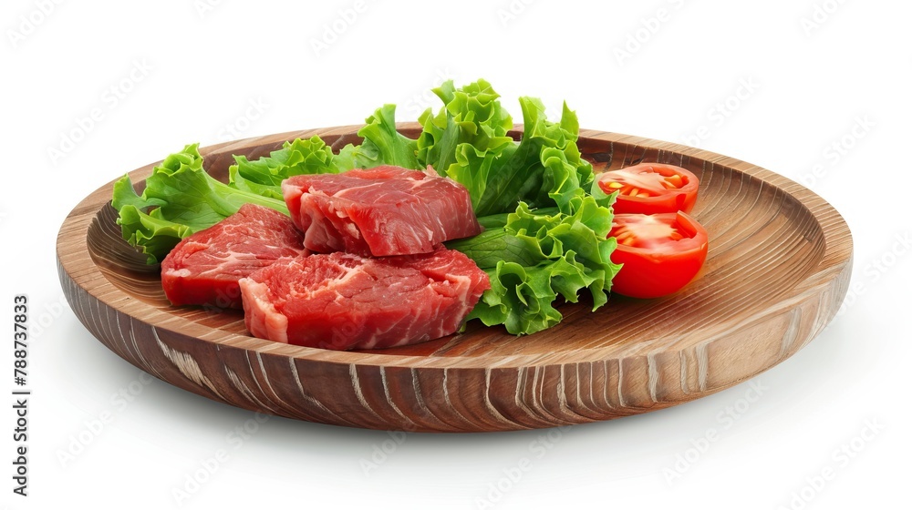 wooden plate for meat and vegetable on white background