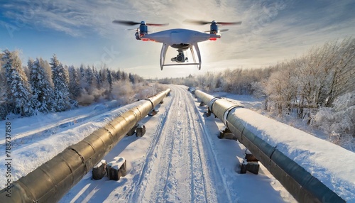 A drone flies over parallel pipelines alongside a snowy road, monitoring infrastructure in a