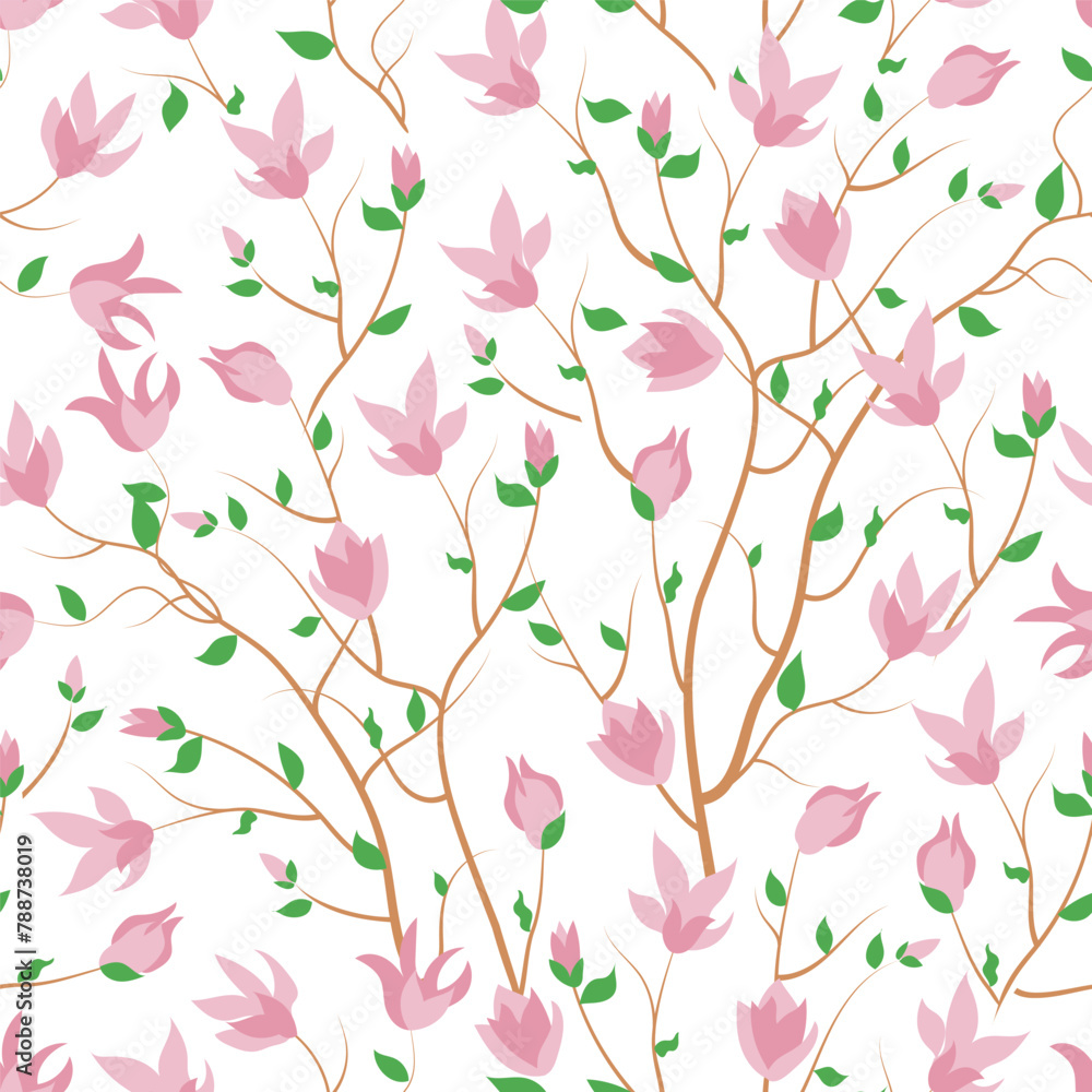 Pattern of flowering magnolia trees. Spring magnolia flowers, leaves, blooming background. Vector wallpaper, for fabric, prints, invitations, backgrounds, covers. Summer seamless textile design