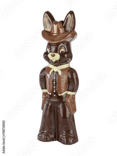 handmade chocolate bunny wearing a cowboy hat on a white background