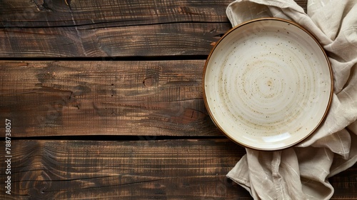 Empty plate and napkin on wooden background top view.