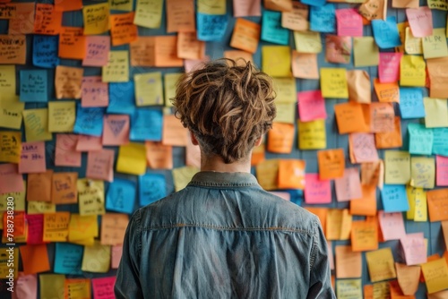 A youthful entrepreneur jotting down ideas on adhesive notes with a vibrant backdrop of assorted post-its. 