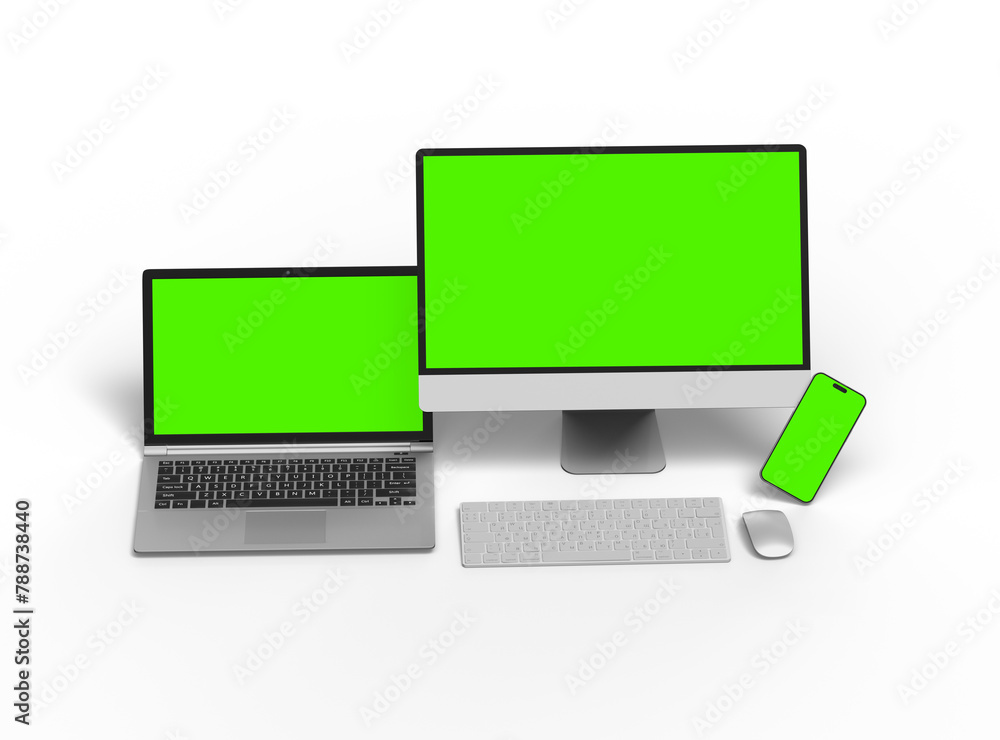 Render of desktop, laptop and smartphone with greenscreen on a light background Render of desktop, laptop and smartphone with greenscreen on a light background