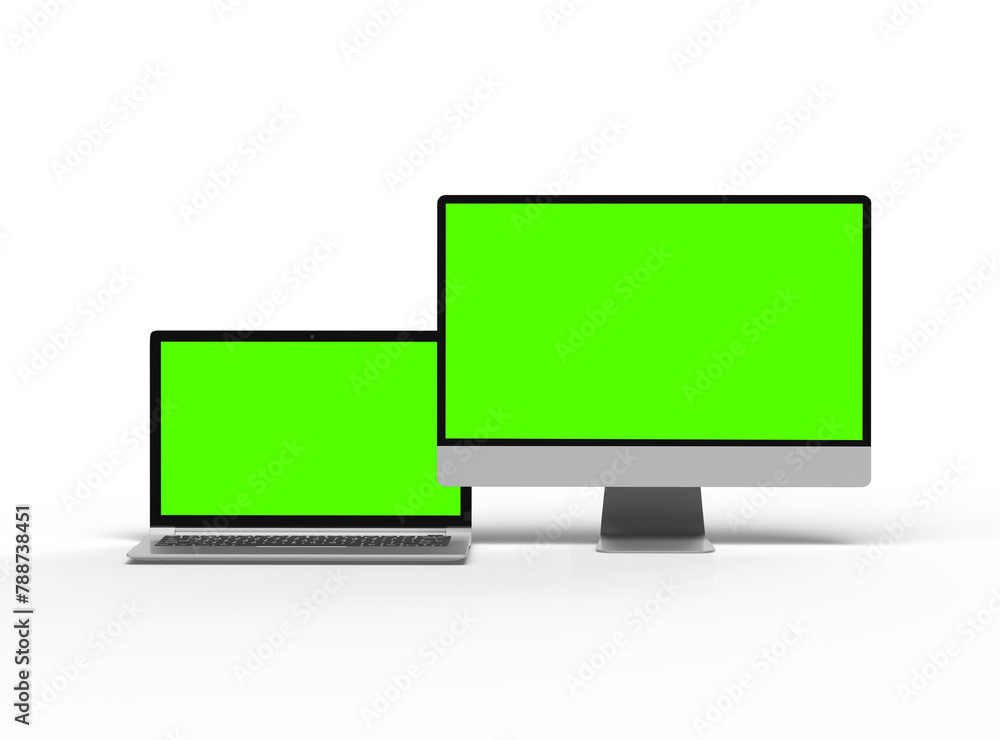 3d render of desktop and laptop with green screen on a light background 3d render of desktop and laptop with green screen on a light background