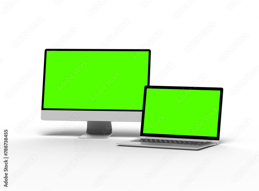 3d render of desktop and laptop with green screen on a light background 3d render of desktop and laptop with green screen on a light background