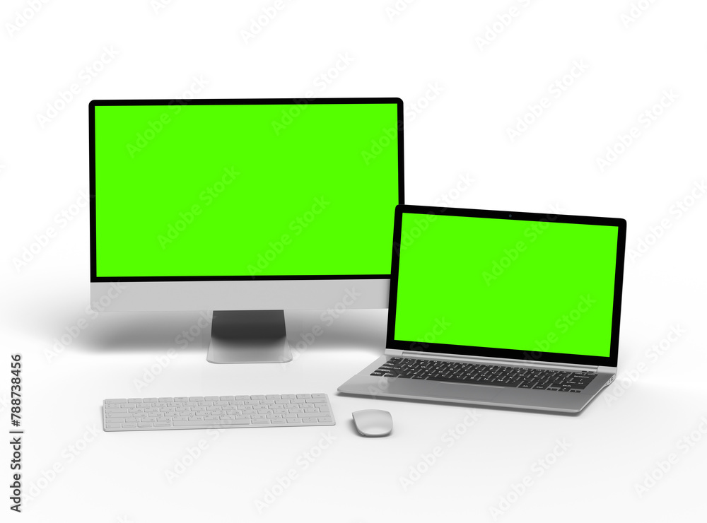 3d render of desktop and laptop with green screen on a light background 3d render of desktop and laptop with green screen on a light background