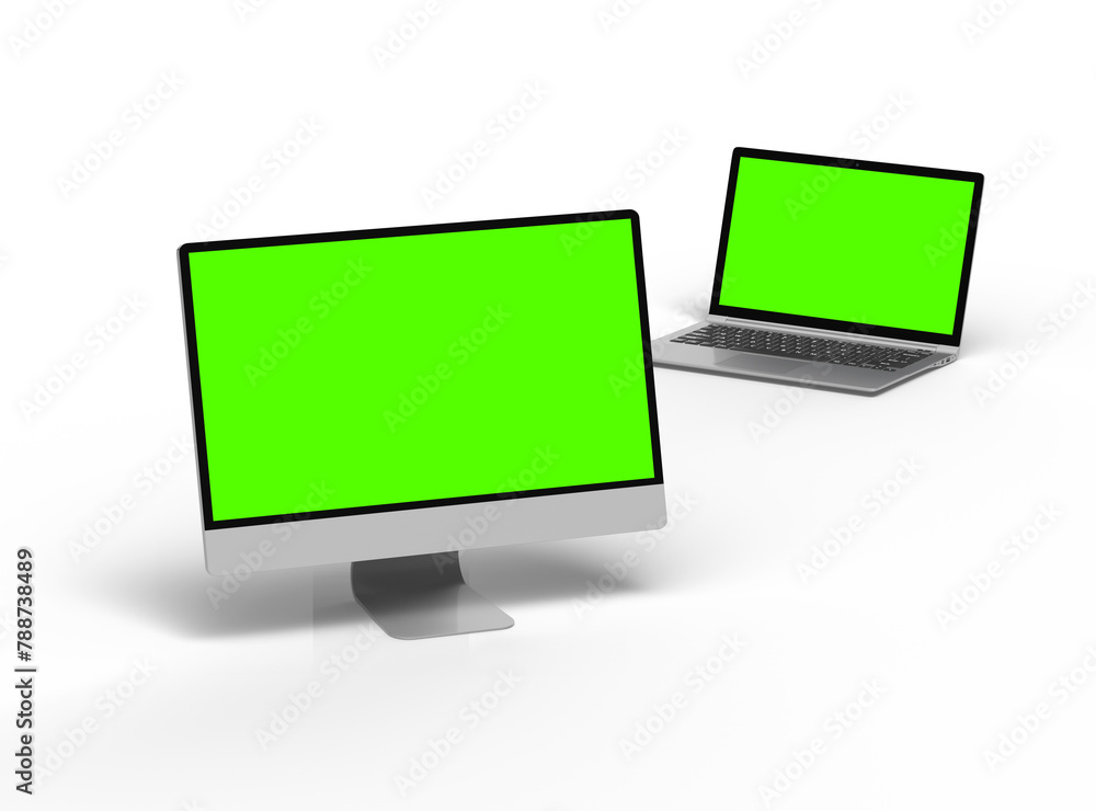 3d render of desktop and laptop with green screen on a light background 3d render of desktop and laptop with green screen on a light background