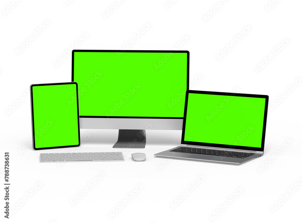 3d render of desktop, laptop and tablet with green screen on a light background