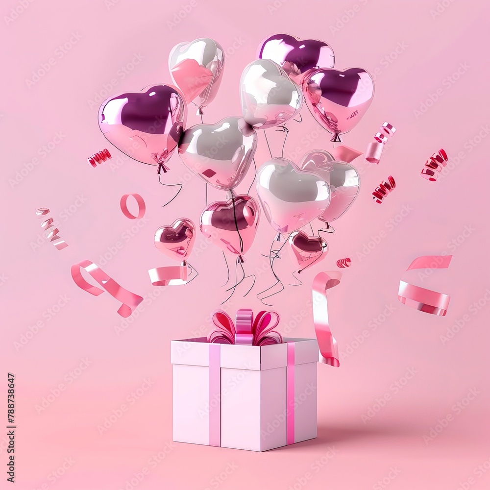 Heartfelt Surprises: 3D Balloons and Ribbons Burst from Gift Box