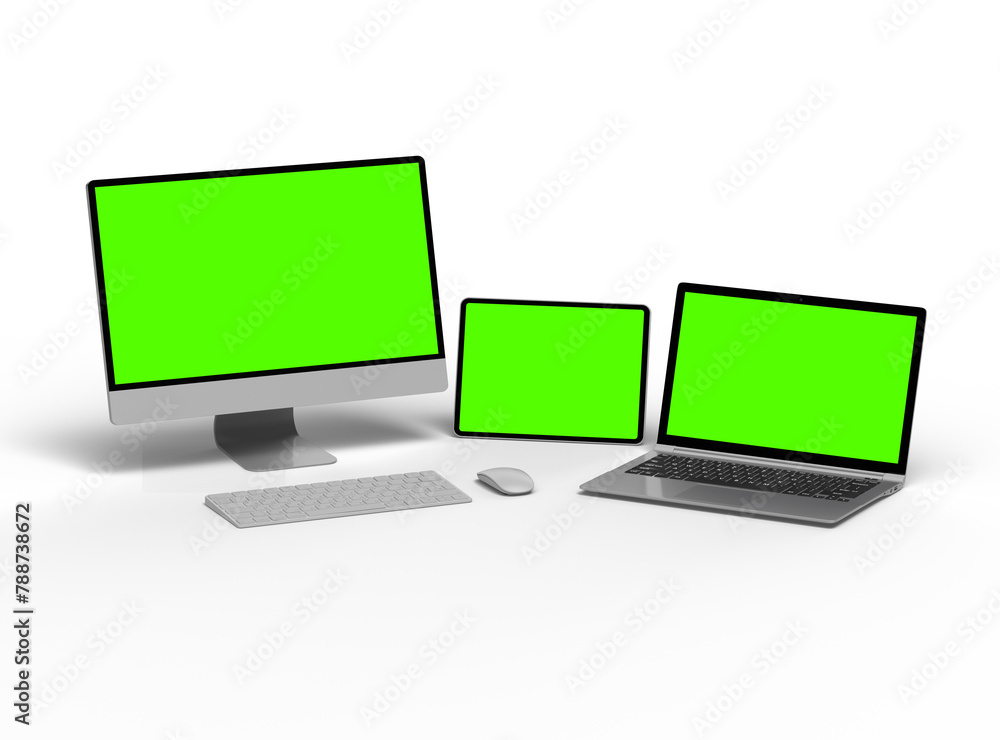 3d render of desktop, laptop and tablet with green screen on a light background 3d render of desktop, laptop and tablet with green screen on a light background