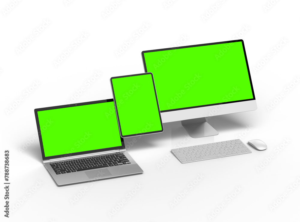3d render of desktop, laptop and tablet with green screen on a light background 3d render of desktop, laptop and tablet with green screen on a light background
