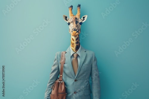 Abstract, creative, minimal portrait of a wild animal dressed up as a man in elegant clothes. A girrafe standing on two legs in business giraffe print suit with schoolbag photo
