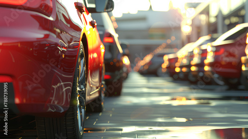 Car parked at outdoor parking lot. Used car for sale and rental service. Car insurance background. Automobile parking area. Car dealership and dealer agent concept. Automotive industry