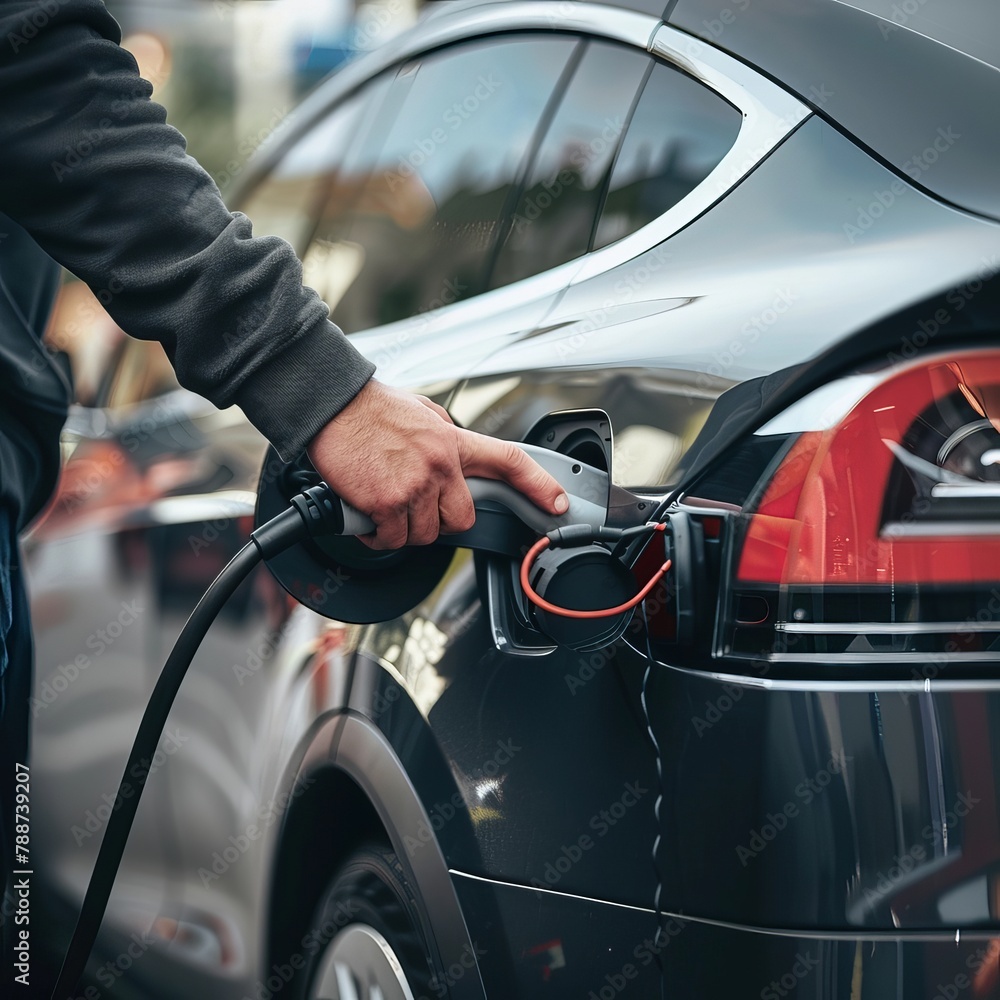 Charging Ahead: EV Car Plugged in at Charging Station Amid Nature's Serenity Charging Ahead: EV Car Plugged in at Charging Station Amid Nature's Serenity