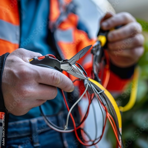 Wired Precision: Electrician Cutting Electrical Wires with Pliers