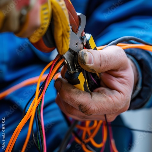 Wired Precision: Electrician Cutting Electrical Wires with Pliers photo