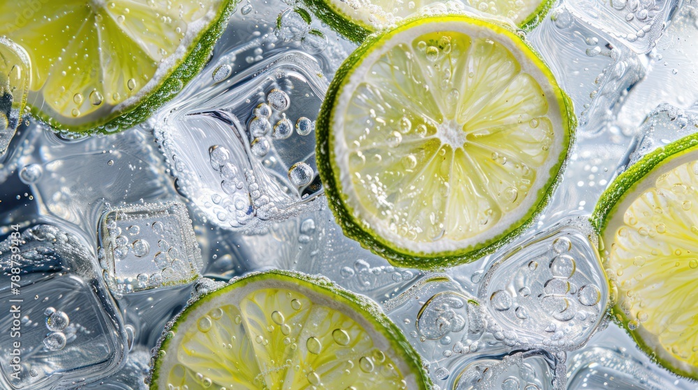 Lime slices with Ice in Soda Close-up Lime slices with Ice in Soda Close-up