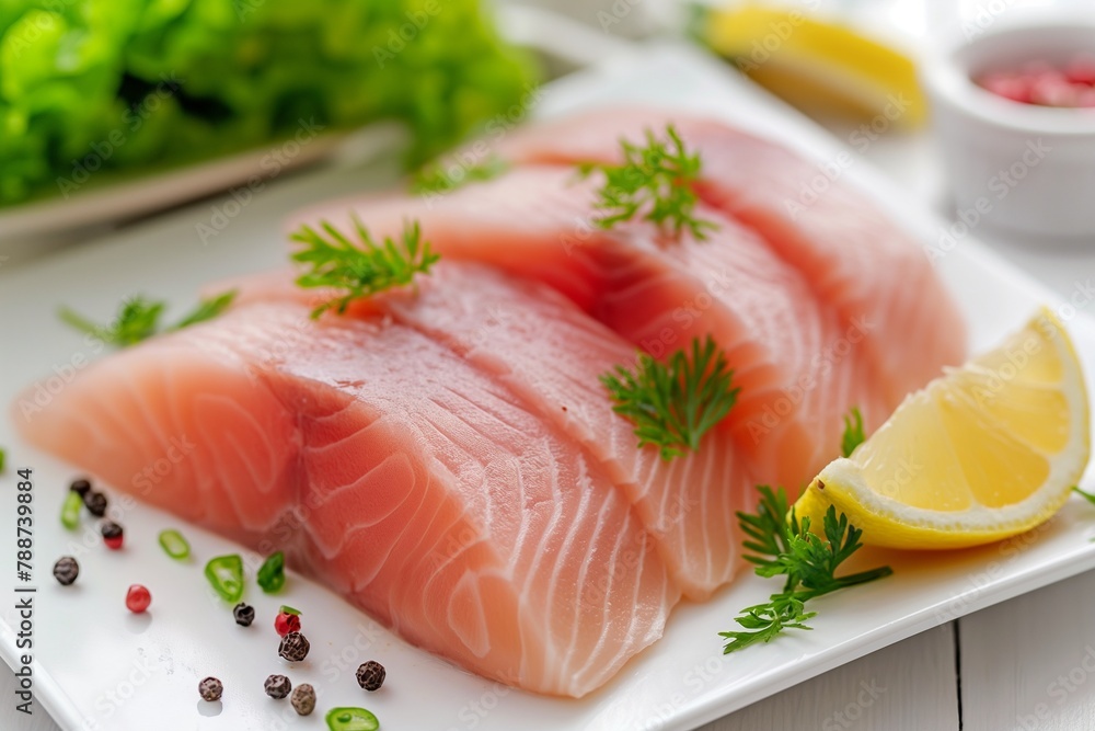raw fish fillet on a white plate closeup, raw fish pieces closeup, raw tuna fish, raw salmon fish pieces closeup