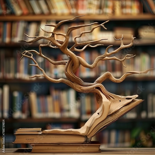 Literary Haven: Wooden Tree Shelf with Books Amidst Library Blur