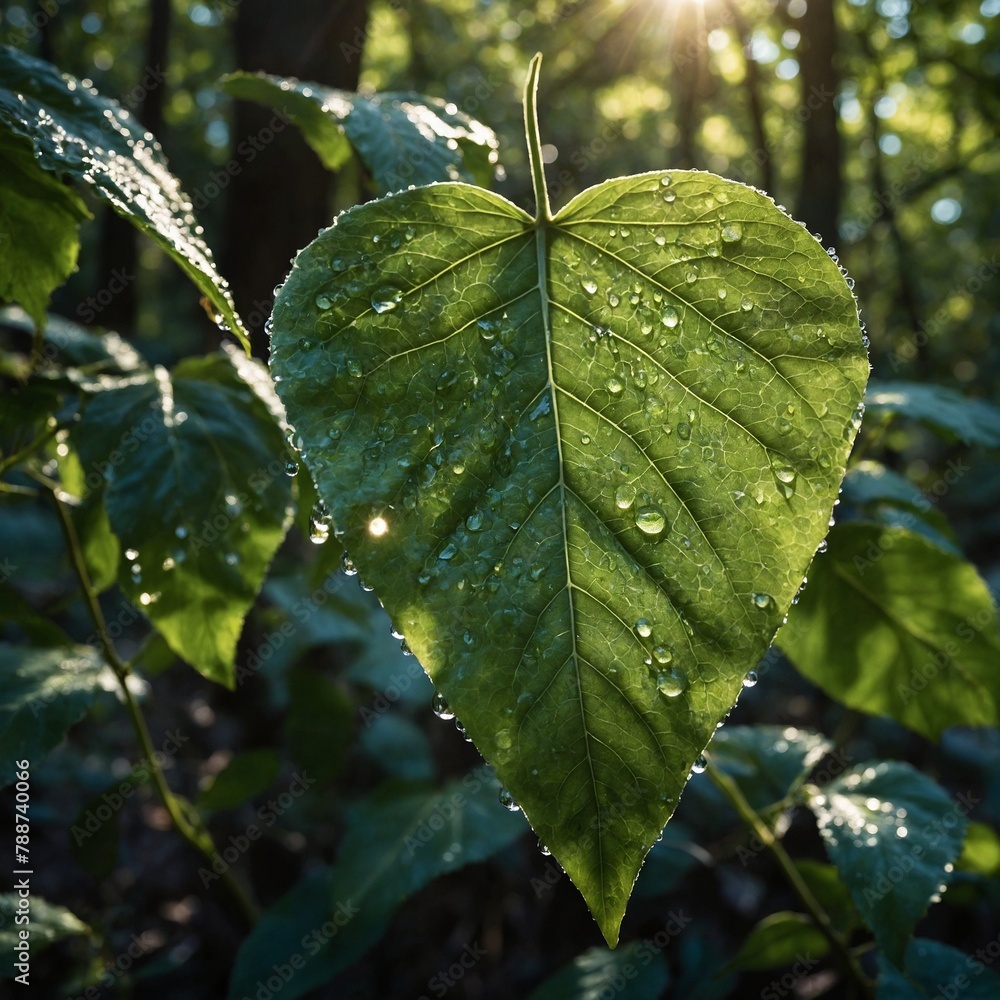 Large, heart-shaped leaf covered in water droplets, glistening in sunlight. Leaf vibrant green, with veins running through it like rivers. Background blur of green, brown. Large, heart-shaped leaf covered in water droplets, glistening in sunlight. Leaf vibrant green, with veins running through it like rivers. Background blur of green, brown.