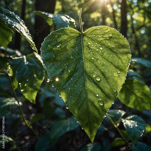 Large, heart-shaped leaf covered in water droplets, glistening in sunlight. Leaf vibrant green, with veins running through it like rivers. Background blur of green, brown. photo