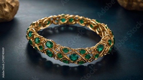 Gold bangle bracelet, adorned with vibrant green emeralds, rests on dark blue surface with gold nuggets in blurry background. Bracelet features intricate gold latticework that holds emeralds in place.