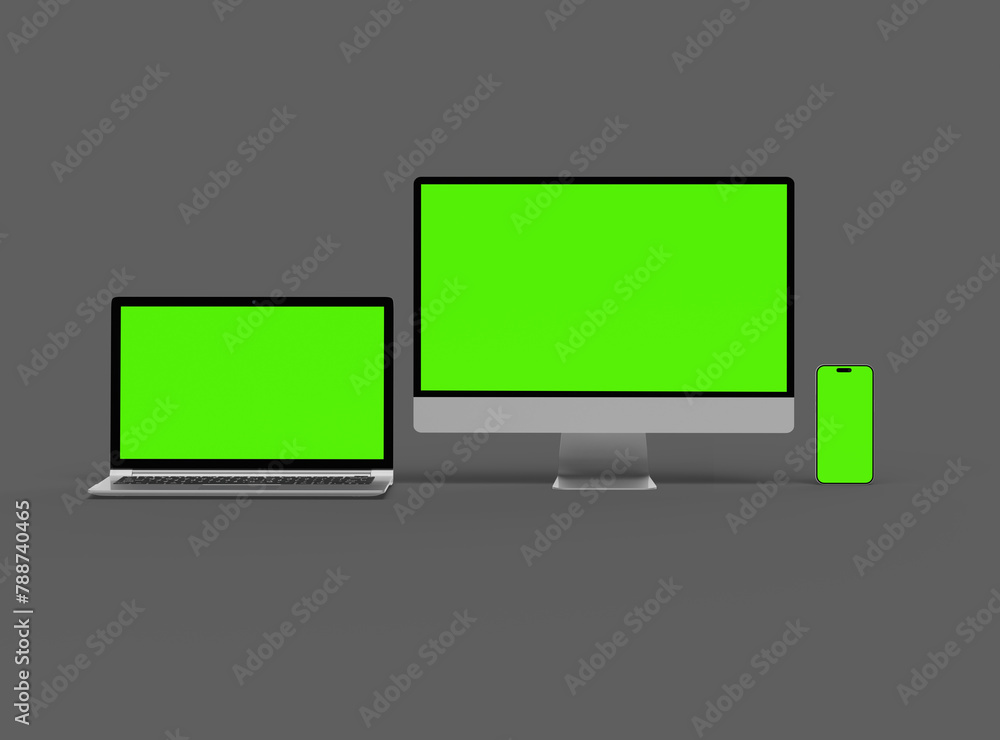 Render of desktop, laptop and smartphone with greenscreen on a dark background Render of desktop, laptop and smartphone with greenscreen on a dark background