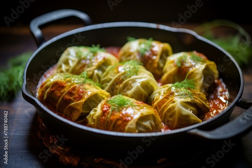 Savory Stuffed cabbage rolls. Green dish. Generate Ai photo