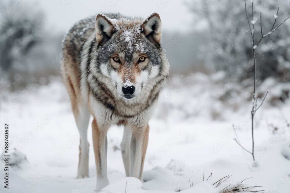 Wild wolf in a mystical winter forest