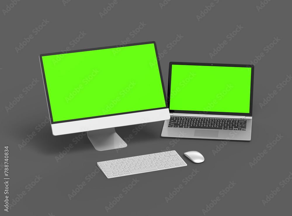 3d render of desktop and laptop with green screen on a dark background 3d render of desktop and laptop with green screen on a dark background