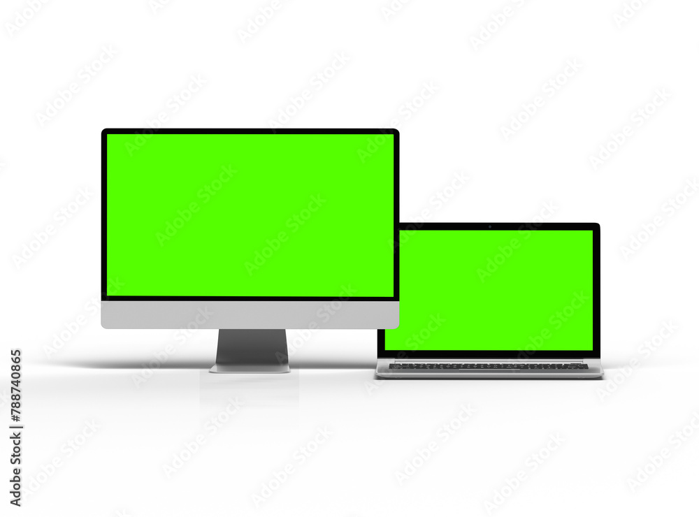 3d render of desktop and laptop with green screen on a transparent background 3d render of desktop and laptop with green screen on a transparent background