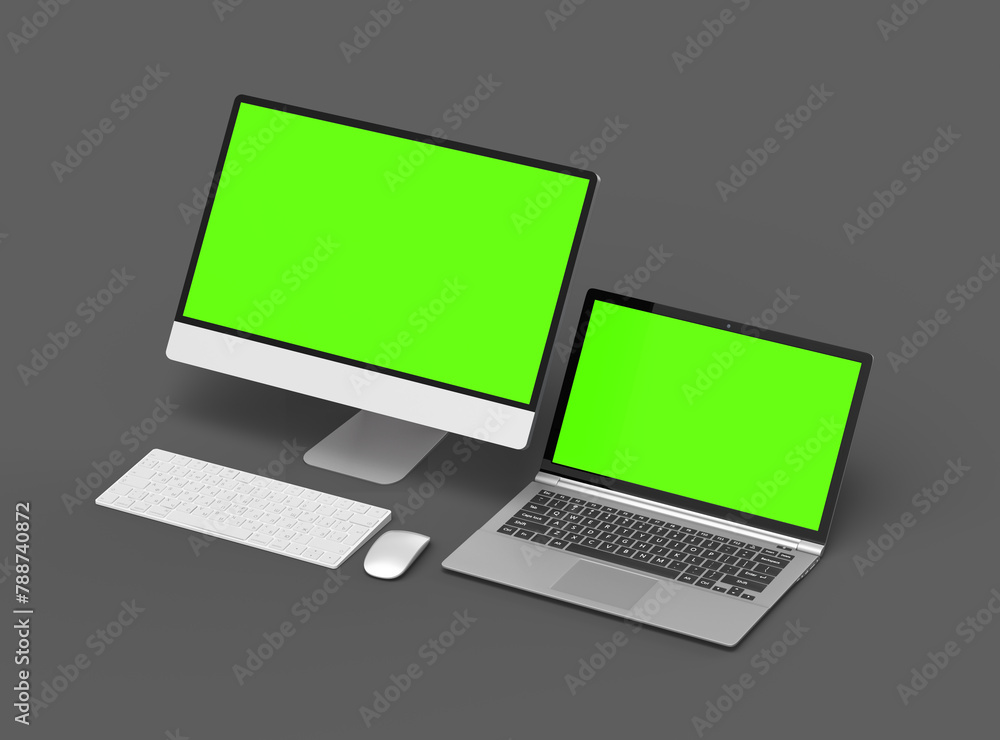 3d render of desktop and laptop with green screen on a dark background 3d render of desktop and laptop with green screen on a dark background