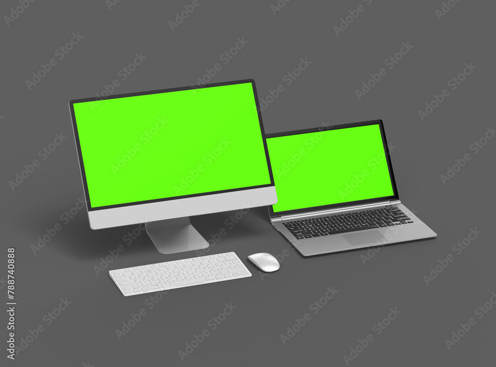 3d render of desktop and laptop with green screen on a dark background 3d render of desktop and laptop with green screen on a dark background