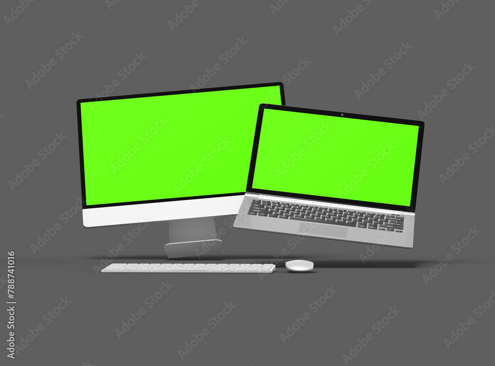 3d render of desktop and laptop with green screen on a dark background 3d render of desktop and laptop with green screen on a dark background