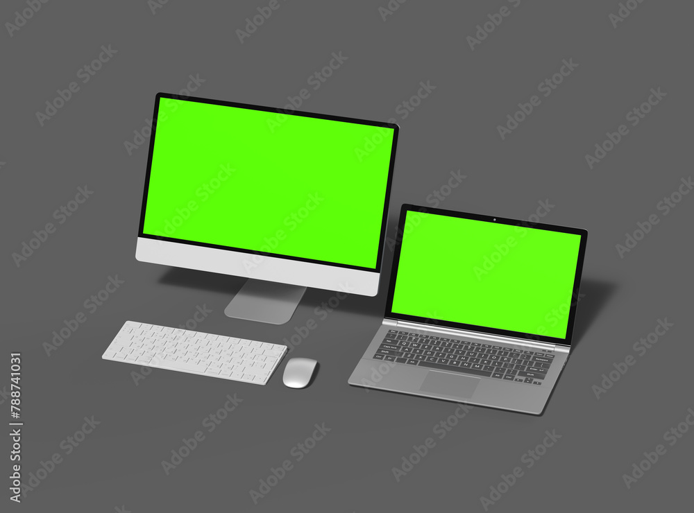 3d render of desktop and laptop with green screen on a dark background 3d render of desktop and laptop with green screen on a dark background