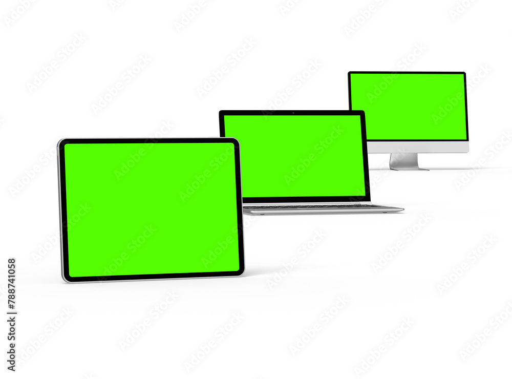 3d render of desktop, laptop and tablet with green screen on a transparent background 3d render of desktop, laptop and tablet with green screen on a transparent background