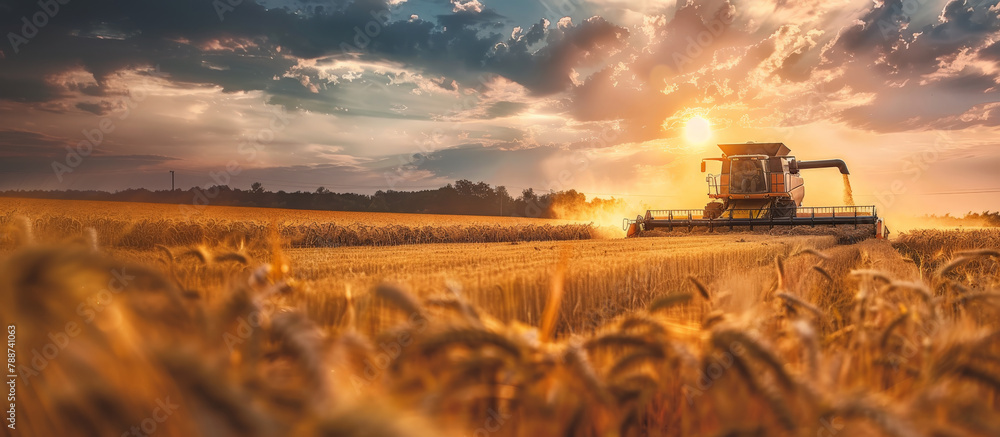 Fototapeta premium Combine Harvester at Work During Golden Hour in a Wheat Field