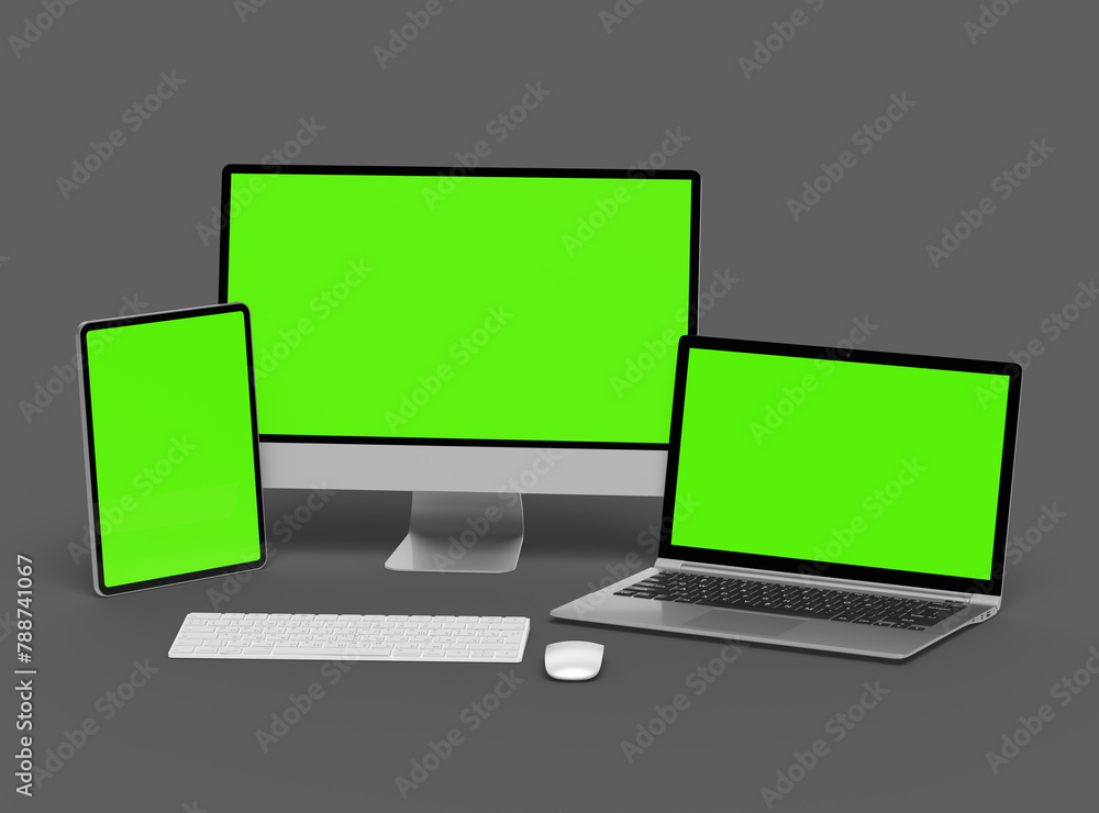3d render of desktop, laptop and tablet with green screen on a dark background 3d render of desktop, laptop and tablet with green screen on a dark background
