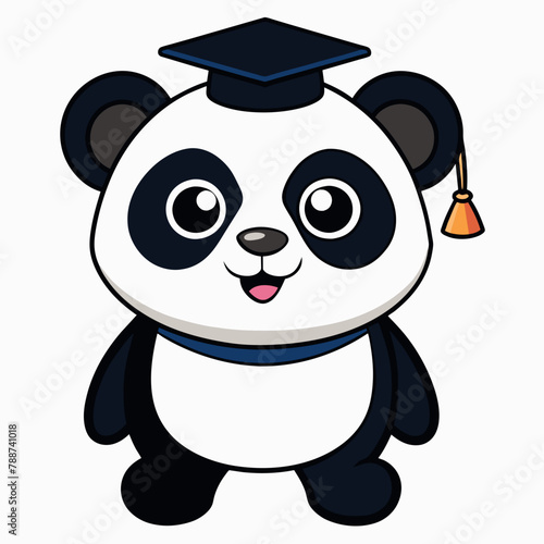 A cute cartoon panda is wearing a graduation cap and smiling.