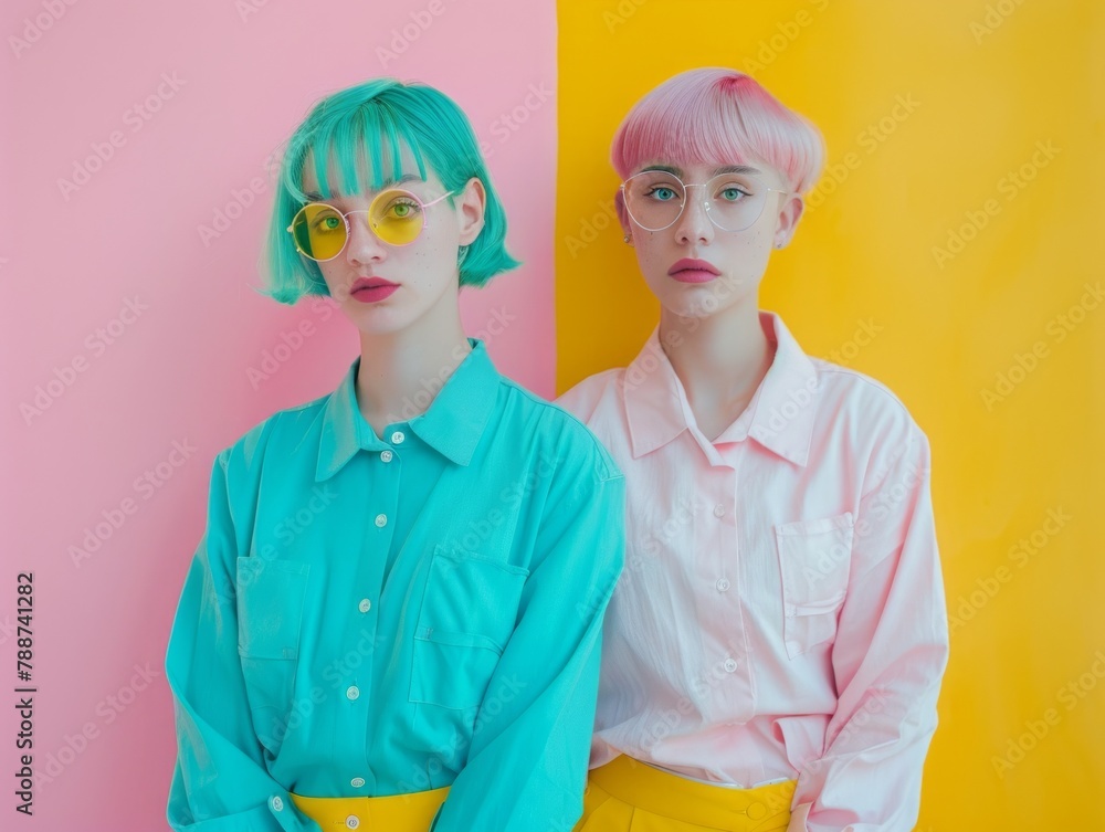 In minimal vivid aquamarine and pink office two young hipsters with cool haircut vivid pastel white and yellow clothes In minimal vivid aquamarine and pink office two young hipsters with cool haircut vivid pastel white and yellow clothes