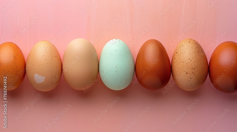 Six eggs aligned, speckled ones in the middle, against a pink background Six eggs aligned, speckled ones in the middle, against a pink background