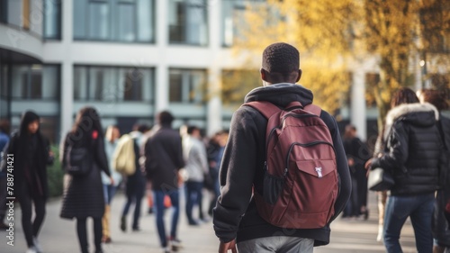 Black male student with a backpack at a university campus. Back view of man. Concept of academic aspirations, higher education, student diversity, new beginnings, and cultural integration