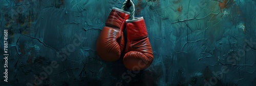 Red boxing gloves hanging on a blue wall. Banner. Textured background with copy space. Minimalistic sports equipment concept. Design for poster, banner, sport-related advertising. Copy space
