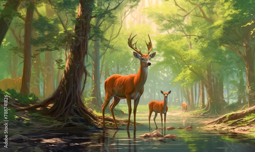 A deer is standing in the middle of a forest with a river running through it. The scene is peaceful and serene, with the sunlight filtering through the trees and casting a warm glow on the water